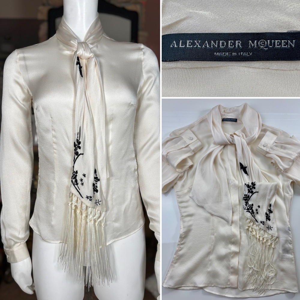 Alexander McQueen Ivory Silk Tie-Neck Button Down Blouse with Black Embroidery